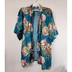 Sakurai Shoji Kimono Robe BLUE Cotton Floral Open Front One Size Made in Japan